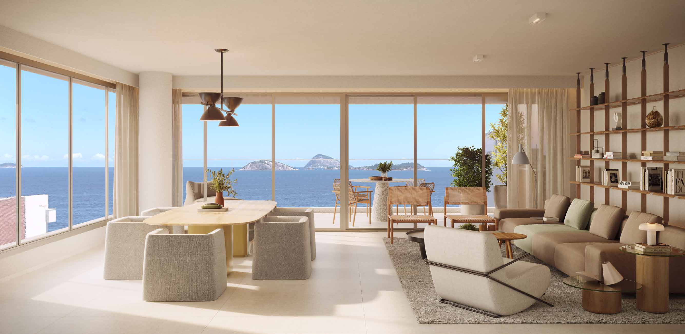 Sala oficial do Ipanema Almar integrada à varanda com vista para o mar