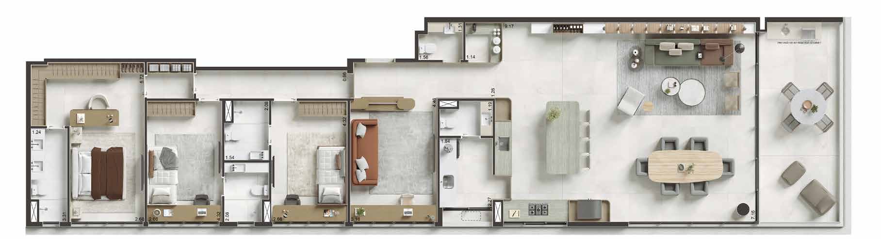 Planta oficial ilustrativa de Apartamentos de 4 suítes